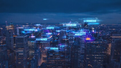 Obraz premium Night city skyline, digital data flow, urban technology, future innovation, stock photo