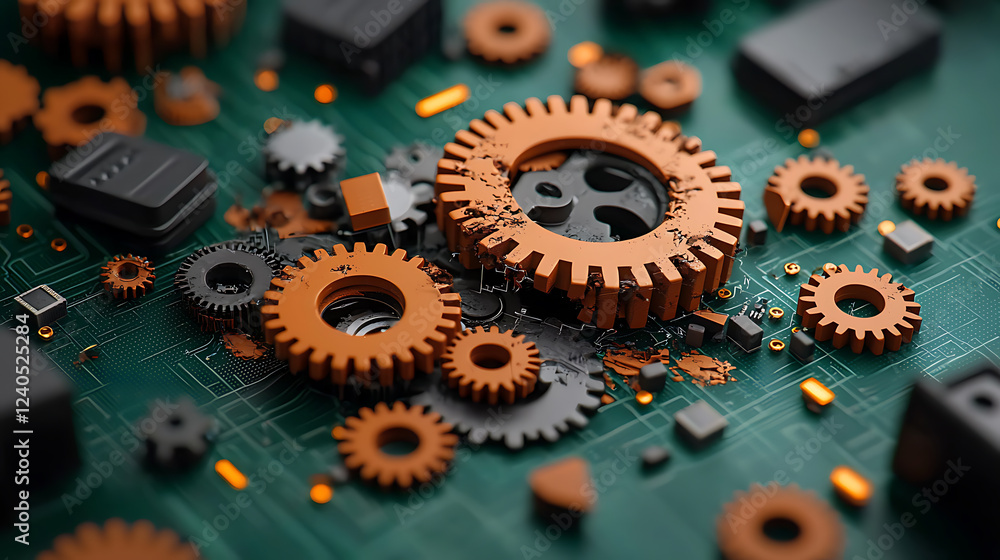 Poster rusty gears and digital overlays industrial setting macro photography abstract composition close-up 