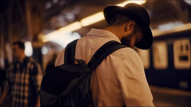 A bearded man wearing a hat and backpack stands at a train station, gazing down thoughtfully in warm, nostalgic lighting.