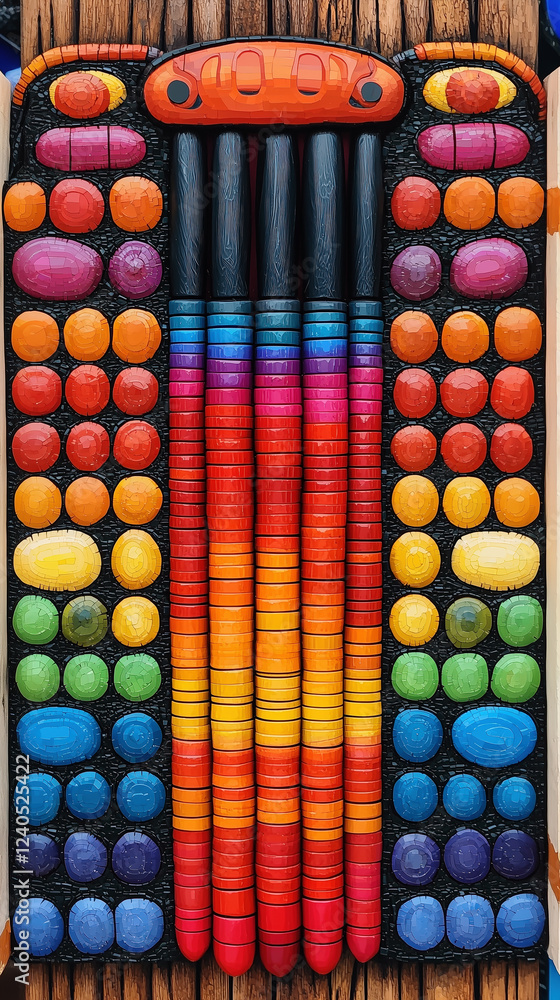 Poster Colorful stacked cylinders and rounded shapes arranged in a vibrant pattern on a wooden background