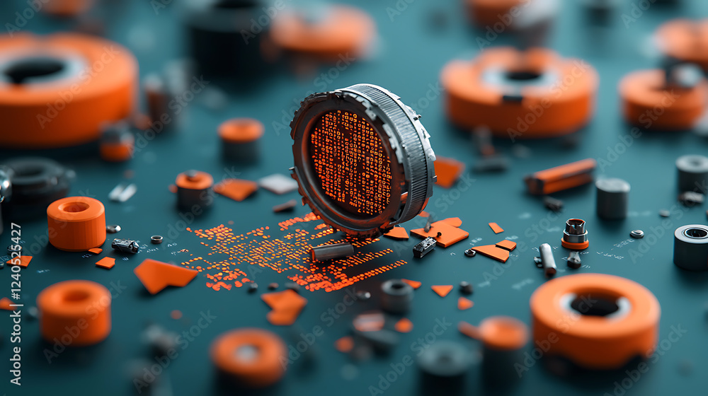 Poster rusted mechanical components in glitchy environment abstract art close-up view futuristic conceptual