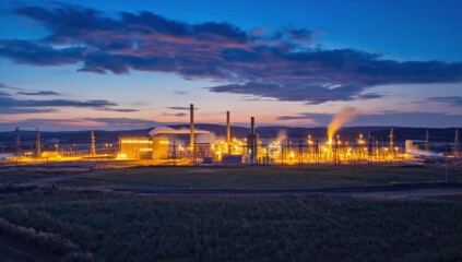 Night Refinery Industrial Complex, Twilight Sky, Energy Production