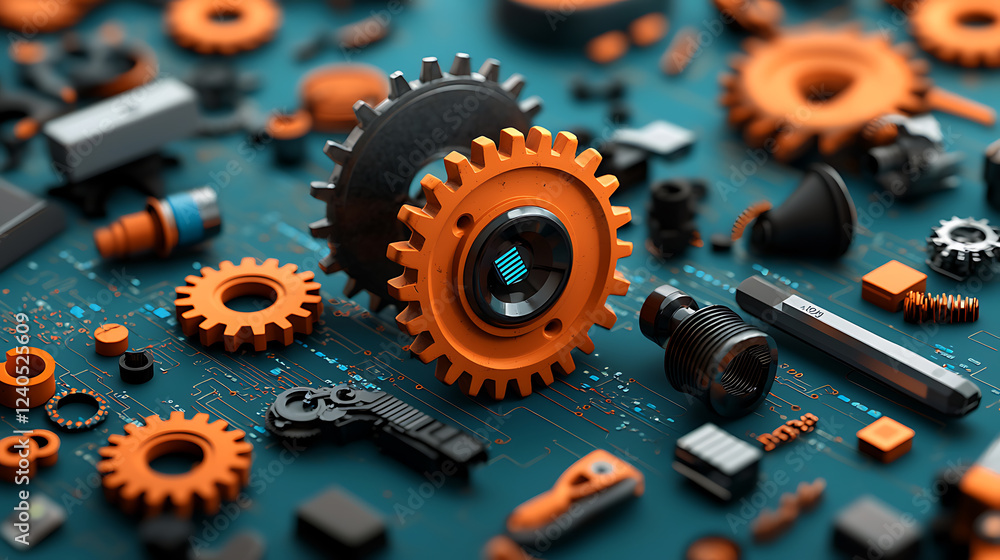 Poster rusting cogs in a fading digital interface industrial workshop macro photography gritty environment 