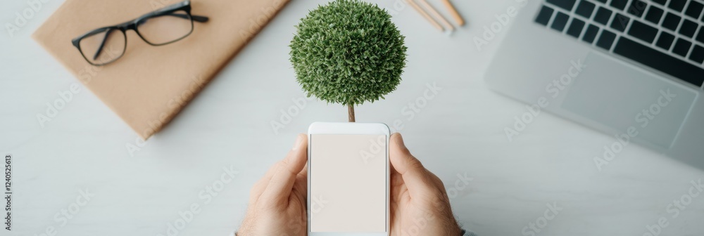 Aufkleber Minimalist Tech Workspace User-Centric Mobile App Mockup on Smartphone with Eco-Friendly Desk Setup - Commercial Content for Progressive Software Development and Branding