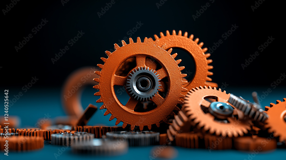 Poster rusting cogs amidst legacy code challenges workshop digital art industrial environment close-up view