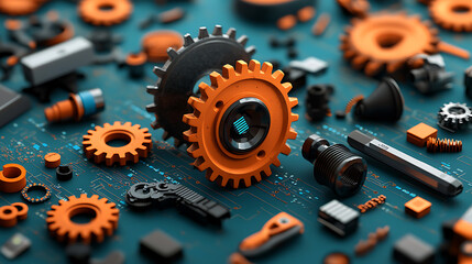 Rusting cogs in a fading digital interface industrial workshop macro photography gritty environment close-up viewpoint conceptual art