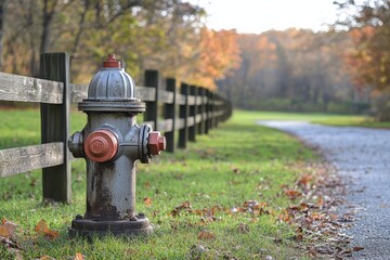 Fototapeta premium Fire hydrant stands prominently by a tree-lined pathway during autumn in a serene park setting