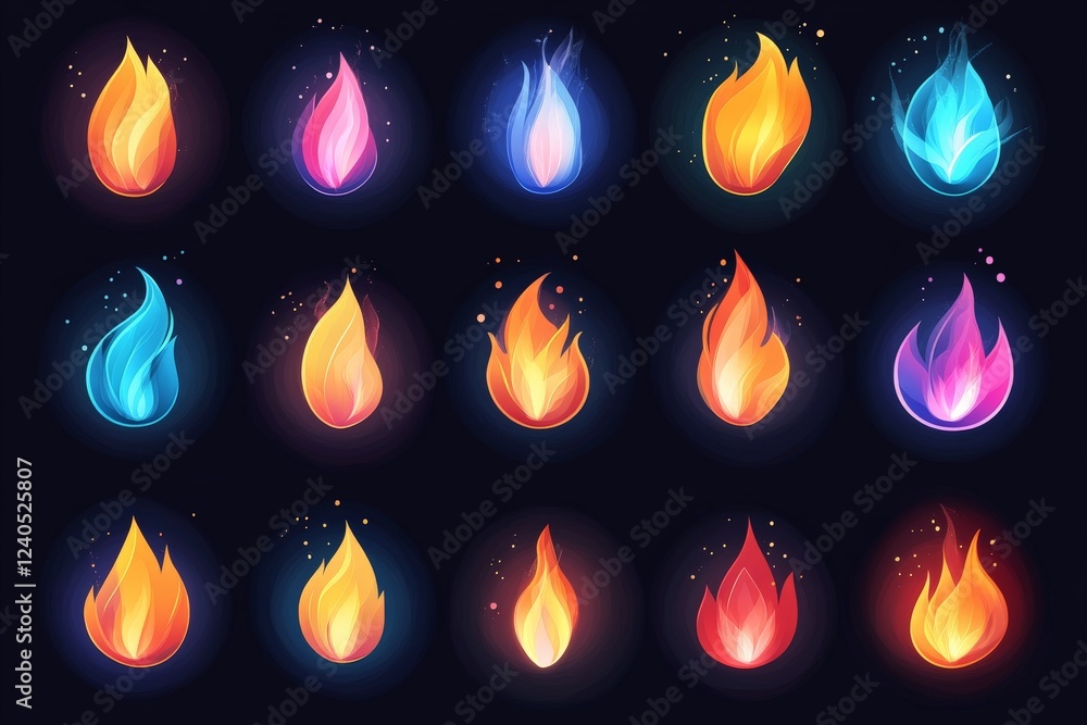 Aufkleber Collection of colorful flame designs showcasing various shapes and styles in digital art