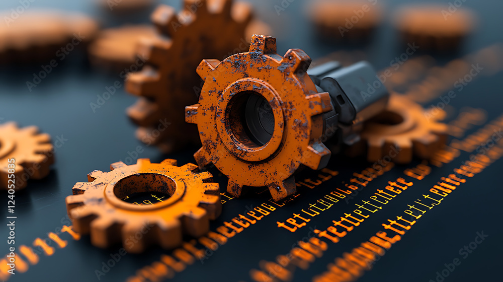 Aufkleber rusty gears entangled in old programming lines industrial workspace digital art creative environment
