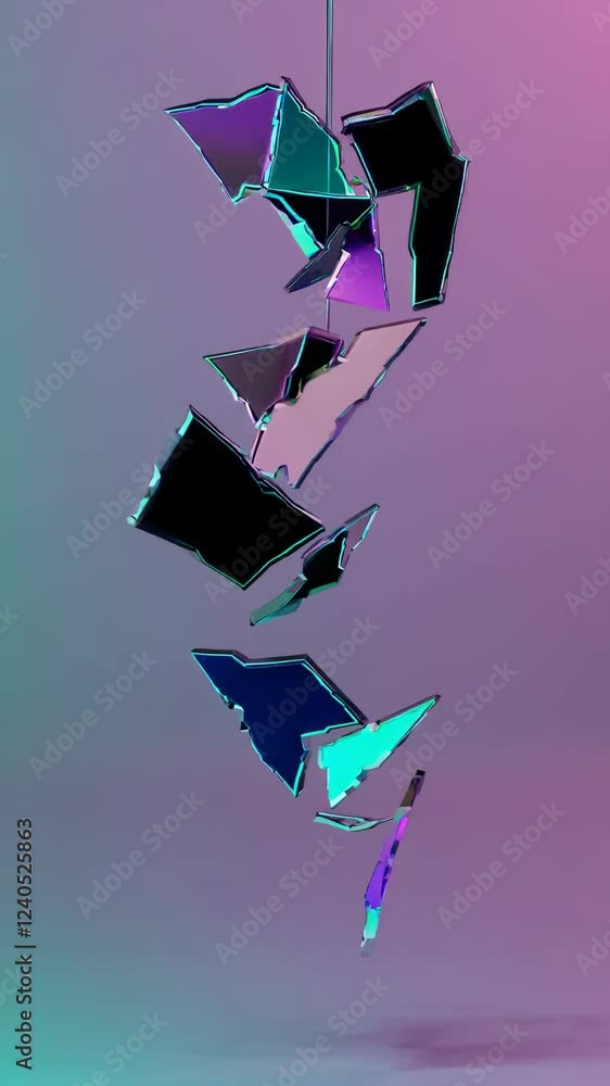Poster fractured mirror shards suspended against a gradient backdrop, splintering soft pastel tones into in