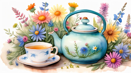 Fototapeta premium Delicate watercolor artwork of a tea scene with flowers.