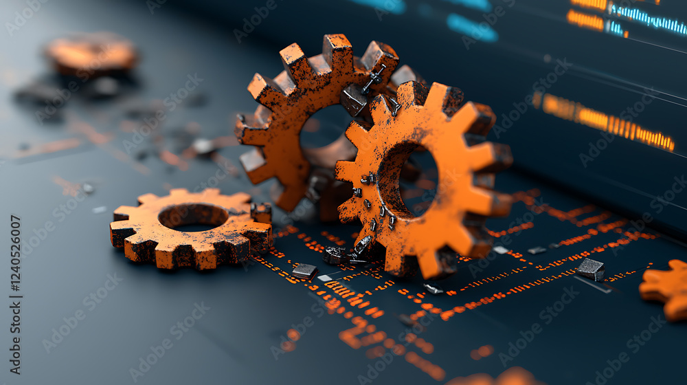 Poster rusty mechanical gears overlaying broken code in a digital workspace industrial art conceptual desig