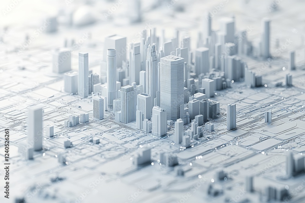 Poster detailed 3d model of a modern cityscape showcasing skyscrapers and urban layout in a minimalist desi