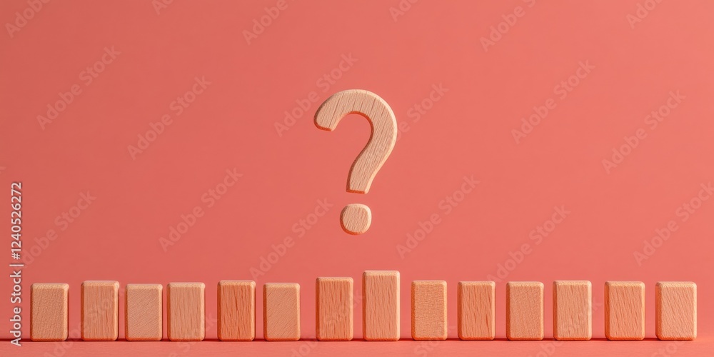 Poster Minimalist Decision-Making Analysis Wooden Question Mark Icon with Domino Setup on Gradient Backdrop - Strategic Risk Advisory Visualization and Business Innovation Tool