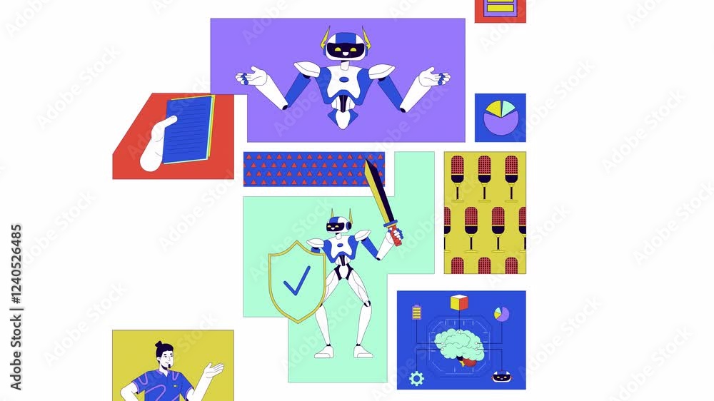 Poster ai technologies bento grid animation. intelligence artificial. diverse engineers. robotics android r