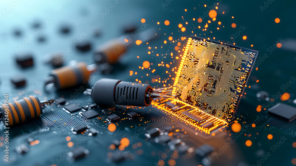 Poster digital electricity sparks cascading over circuit board components technology lab macro photography 