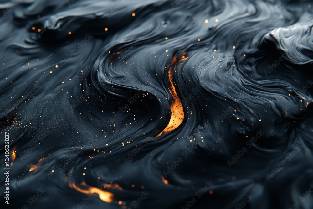 Poster swirling black liquid with glowing orange hints creates a mesmerizing visual pattern in this abstrac