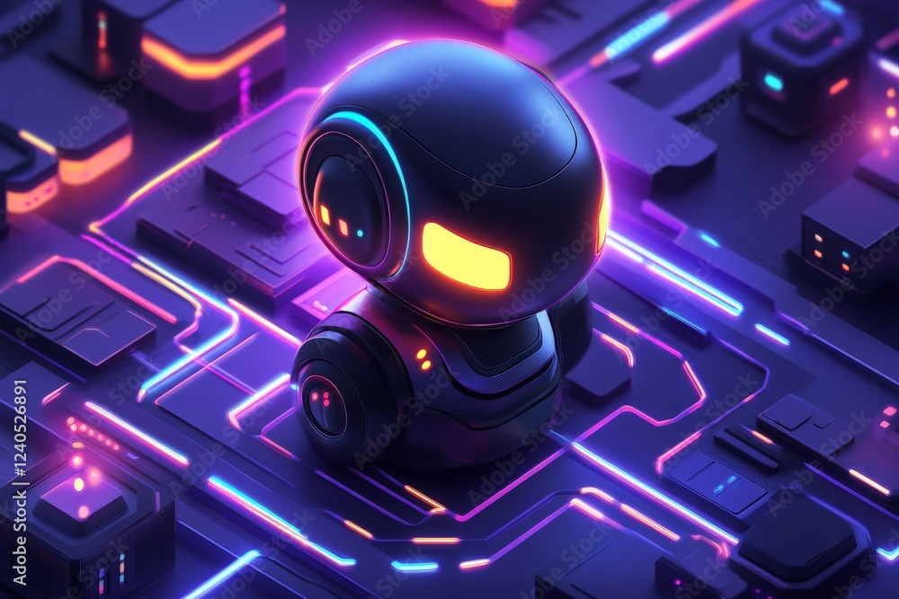 Poster Futuristic robot stands on neon circuit board surrounded by vibrant lights in a digital landscape