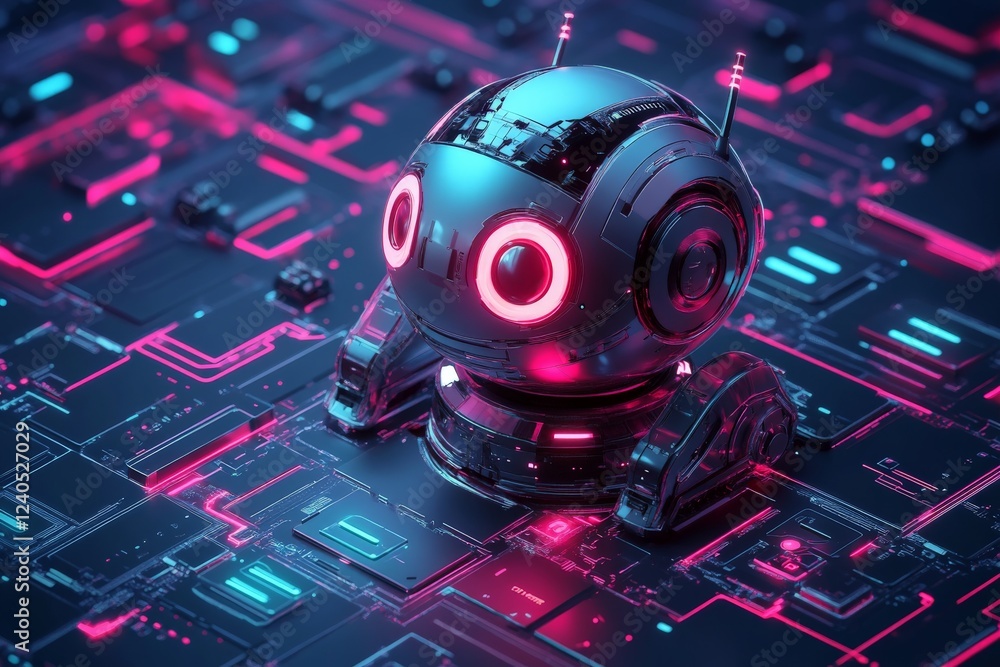 Poster innovative robot stands on a glowing circuit board surrounded by neon lights at a futuristic technol