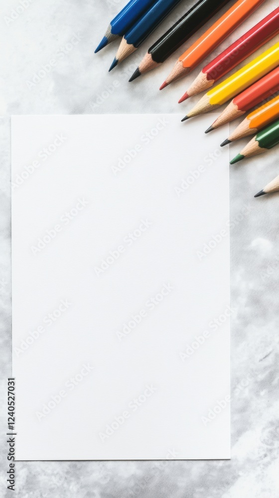 Leinwandbilder Creative workspace with blank sheet of paper and colored pencils ready for artistic projects and expression. Generative AI