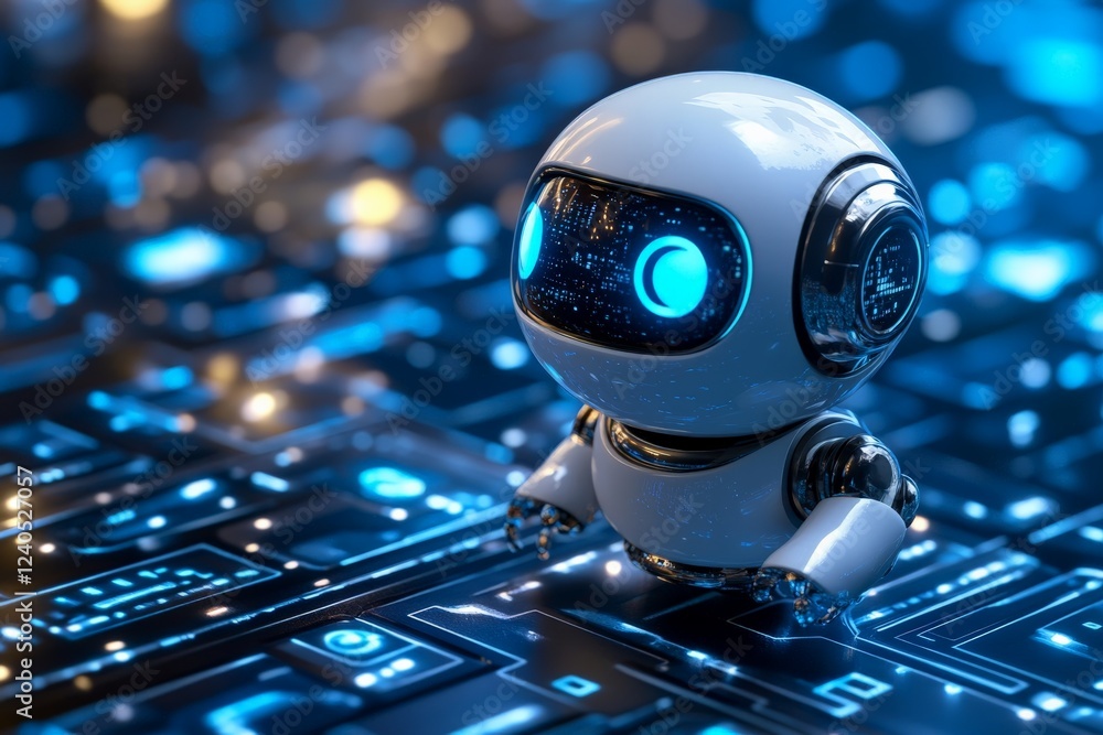 Leinwandbilder small robot with glowing blue eyes exploring a futuristic digital landscape filled with circuits and