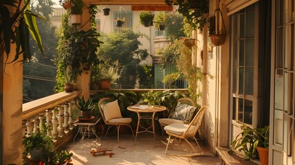 Fototapeta premium Sunlit balcony with duck egg furniture and a variety of elegant, diverse plants