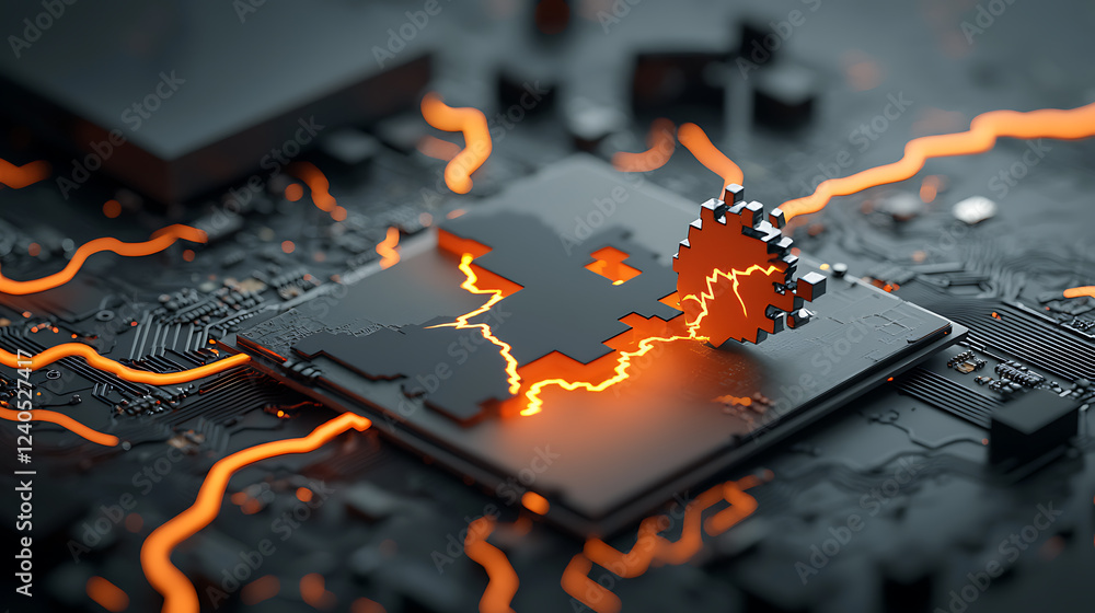 Poster dynamic surge of surreal lightning striking across an intricate circuit board futuristic environment