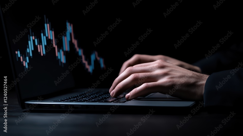 Poster hands typing on laptop with stock market graph in dark setting