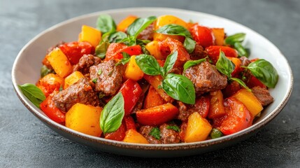 Beef stew with potatoes and peppers, kitchen setting