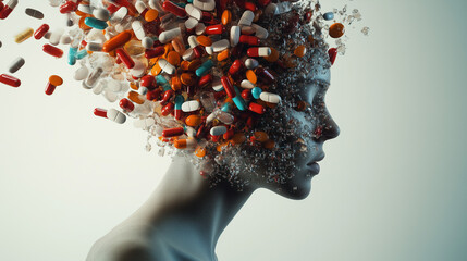 Artistic illustration of a person in profile, their brain a flurry of different pills and medication, mental health or chronic illness theme, wide landscape aspect ratio 16:9 with copy space for text