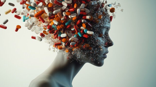 Artistic illustration of a person in profile, their brain a flurry of different pills and medication, mental health or chronic illness theme, wide landscape aspect ratio 16:9 with copy space for text