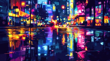 Vibrant City Street Night Reflection In Rain