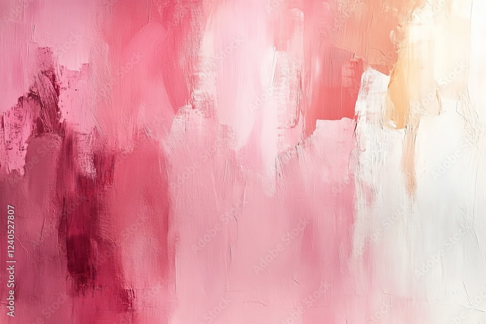 Poster Abstract pink and peach painting with textured brush strokes depicting soft color gradients and depth