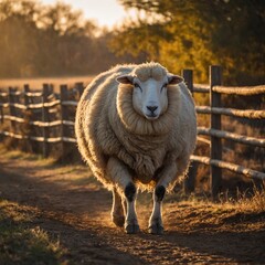Obraz premium Dorper Sheep Walking Along a Farm Path. Sheep in the field. 
