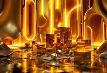 Shimmering Golden Blocks Illuminated by Soft Golden Light in a Vibrant Setting. Generative AI