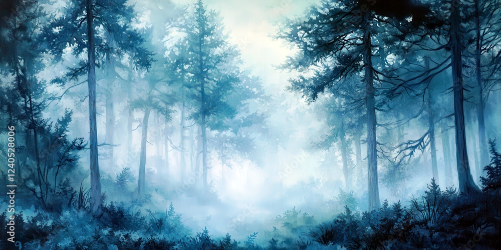 Poster enchanted misty forest with ethereal blue hues and soft light filtering through the trees in a seren