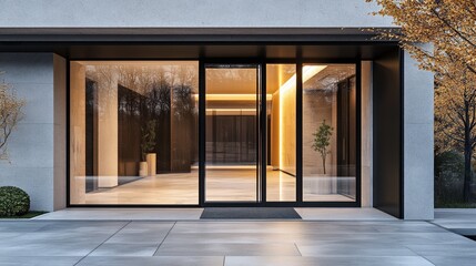 Contemporary Architectural Design Featuring a Modern House with Expansive Glass Door Surrounded by Lush Greenery and a Majestic Large Tree Creating a Harmonious Outdoor Aesthetic Experience