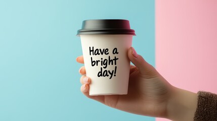 Hand holding coffee cup with inspirational message against colorful background