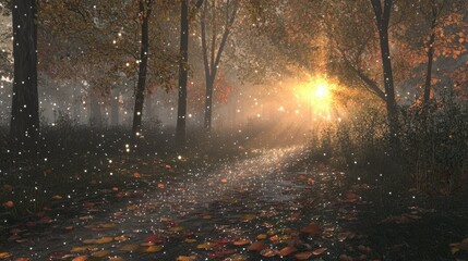 Obraz premium Enchanted Autumn Forest Path: A Magical Sunset Walk
