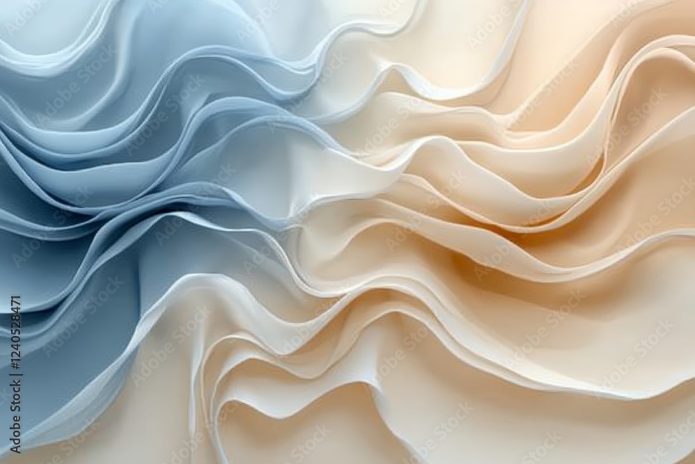 Poster Soft undulating waves of fabric in light blue and beige tones create a serene and elegant visual effect in an abstract setting