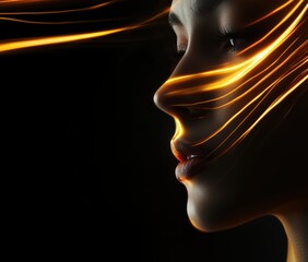 Abstract portrait of a woman with glowing light trails emphasizing facial features and contours, dramatic lighting, artistic expression, copy space for text