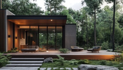 Fototapeta premium Modern Architectural Design: Luxurious Home nestled in a serene forest