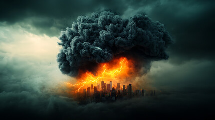 Dramatic lightning strikes urban landscape city skyline underneath technological storm digital art ominous atmosphere aerial view nature meets technology
