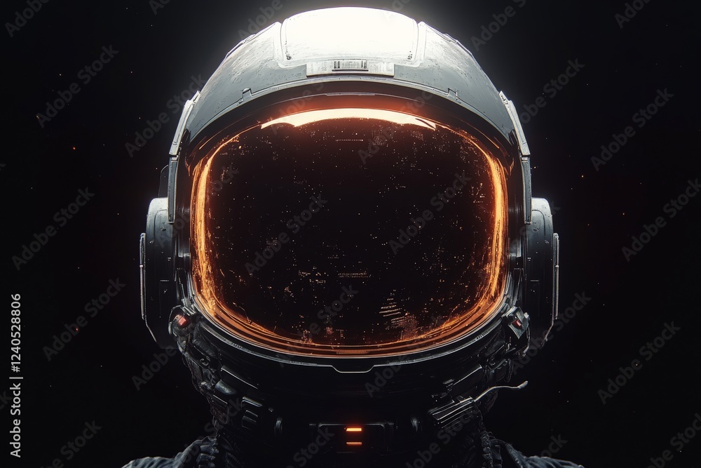 Poster Astronaut helmet reflecting distant stars while exploring the cosmos during an interstellar mission at night