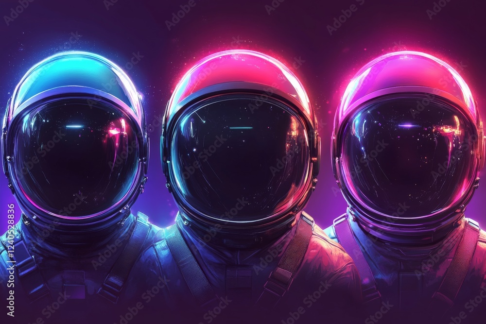 Poster two astronauts in vibrant helmets explore a cosmic landscape filled with colorful lights and celesti