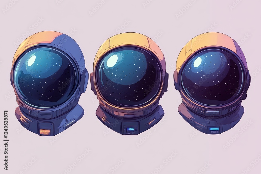 Poster three colorful astronaut helmets showcasing unique designs and starry reflections against a light ba