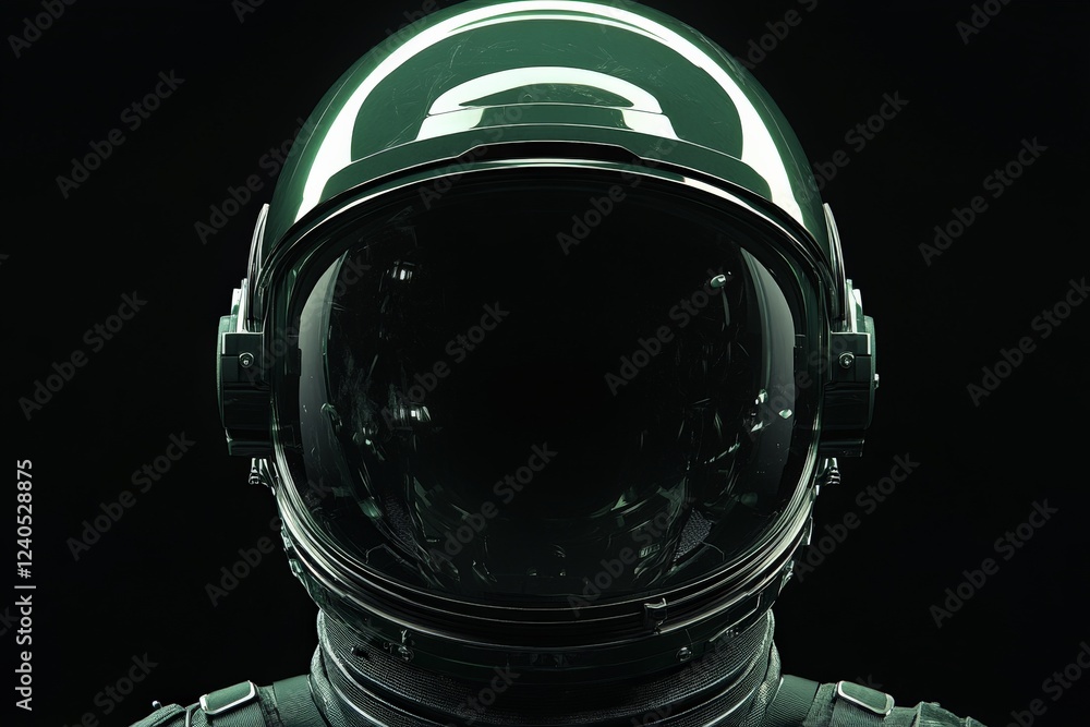 Poster astronaut helmet with reflective visor against a dark background showcasing advanced space suit desi