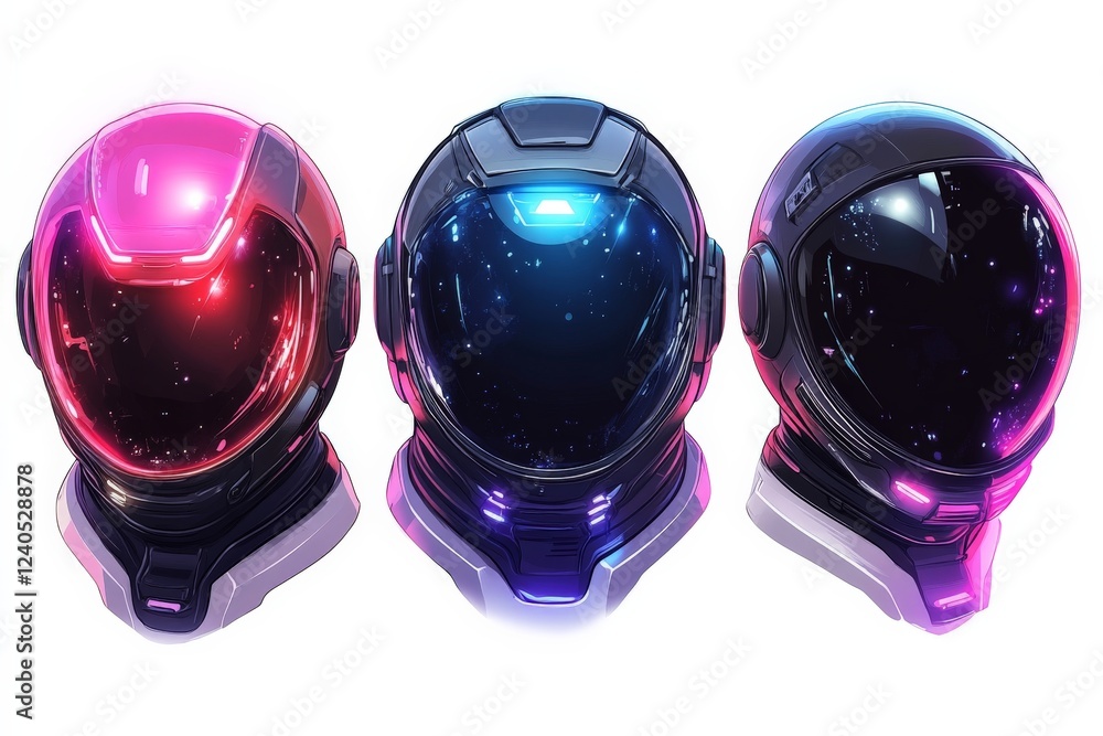 Poster Futuristic astronaut helmets displayed with vibrant colors and intricate designs for space exploration and adventure