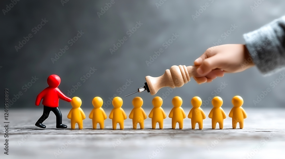 Poster leadership dynamics and influence red figure guiding yellow figures in a group setting conceptual re