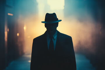 Man in vintage suit walks through a foggy street, adding an air of mystery to the urban setting in early morning light